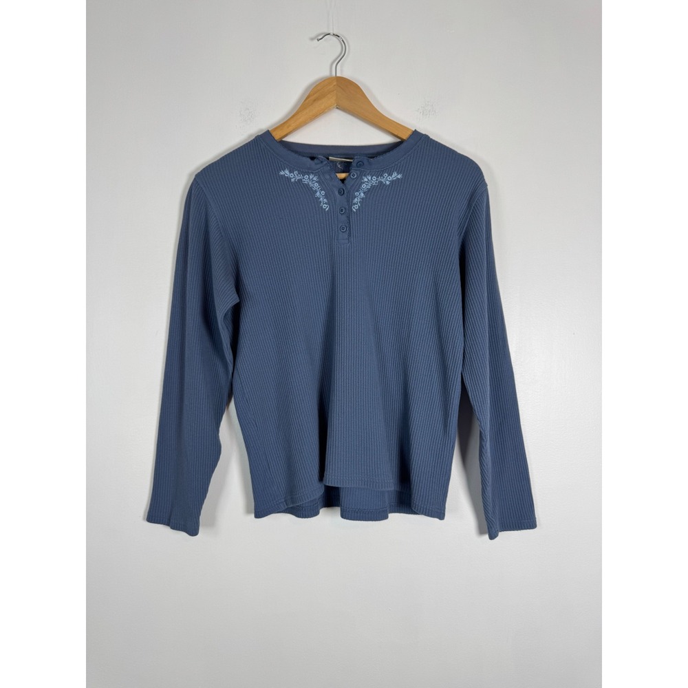 Cottagecore LL Bean Womens Small Henley Top Blue Waffle Knit Floral Embroidered